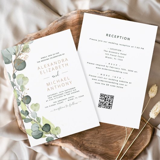 Invitation Tout en un Eucalyptus QR Code Mariage Vert