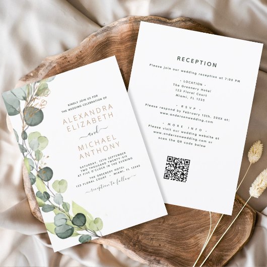 Invitation Tout en un Eucalyptus QR Code Mariage Vert