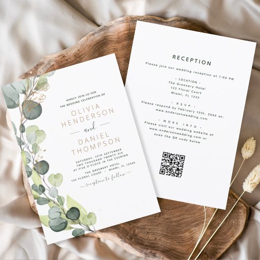Invitation Tout en un Eucalyptus QR Code Mariage Vert