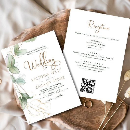 Invitation Tout en un Eucalyptus QR Code Mariage Vert
