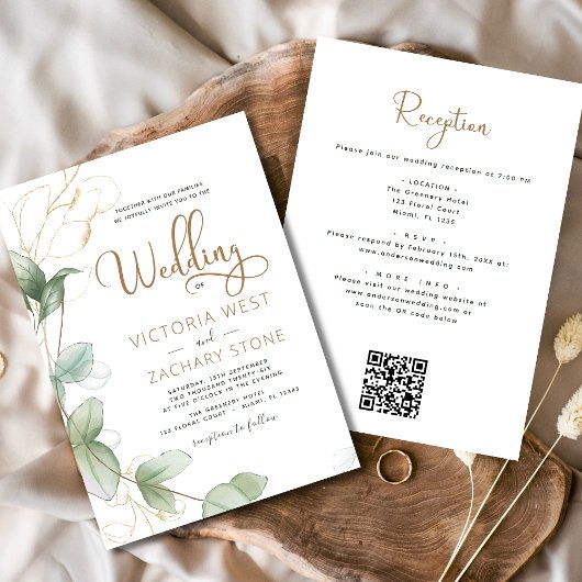 Invitation Tout en un Eucalyptus QR Code Mariage Vert