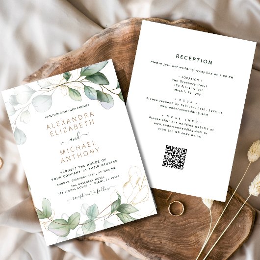 Invitation Tout en un Eucalyptus QR Code Mariage Vert