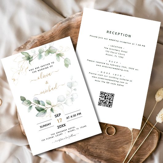 Invitation Tout en un Eucalyptus QR Code Mariage vert