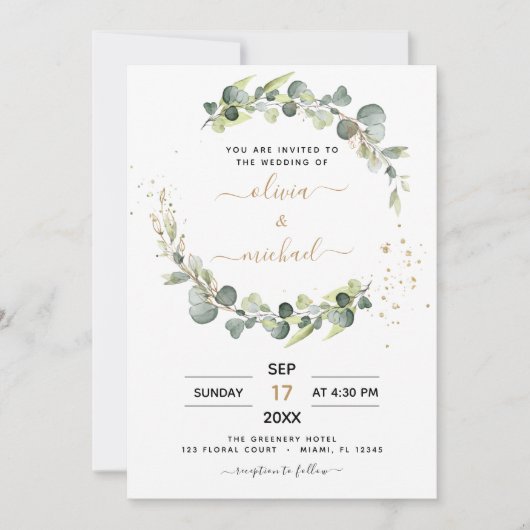 Invitation Tout en un Eucalyptus QR Code Mariage vert (Devant)
