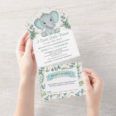 Invitation Tout En Un Eucalyptus rustique Baby shower éléphant (Déchirure)