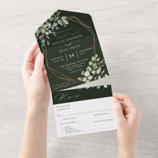 Invitation Tout En Un Eucalyptus Rustique & Mariage de trame d'or - Vert (Déchirure)