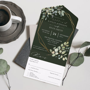 Invitation Tout En Un Eucalyptus Rustique & Mariage de trame d'or - Vert