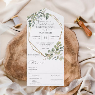 Invitation Tout En Un Eucalyptus rustique & Mariage de trame or