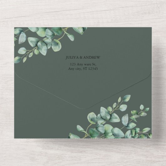 Invitation Tout En Un Eucalyptus verdoyant en écriture blanche mariage (Verso)