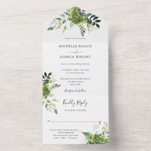 Invitation Tout En Un Eucalyptus Verdure Élégant Mariage Monogramme (À l'intérieur)