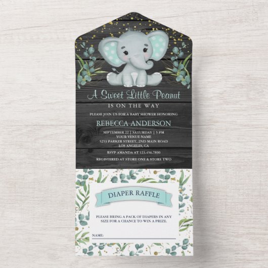 Invitation Tout En Un Eucalyptus Vert Baby shower en bois gris éléphant (À l'intérieur)