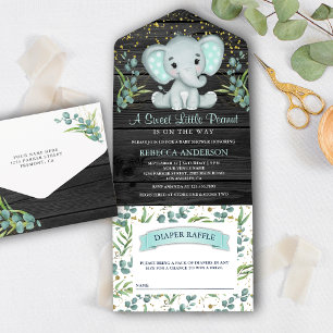 Invitation Tout En Un Eucalyptus Vert Baby shower en bois gris éléphant