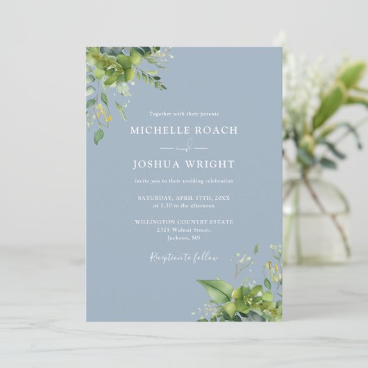 Invitation Tout en un Eucalyptus Vert Dusty Blue Mariage (Debout devant)