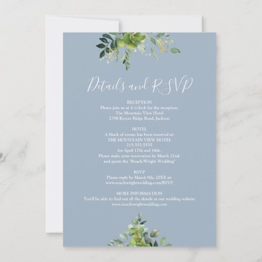 Invitation Tout en un Eucalyptus Vert Dusty Blue Mariage (Dos)