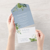 Invitation Tout En Un Eucalyptus Vert Dusty Blue Monogram Mariage (Déchirure)
