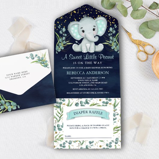 Invitation Tout En Un Eucalyptus Vert Elephant Marine Baby shower bleu