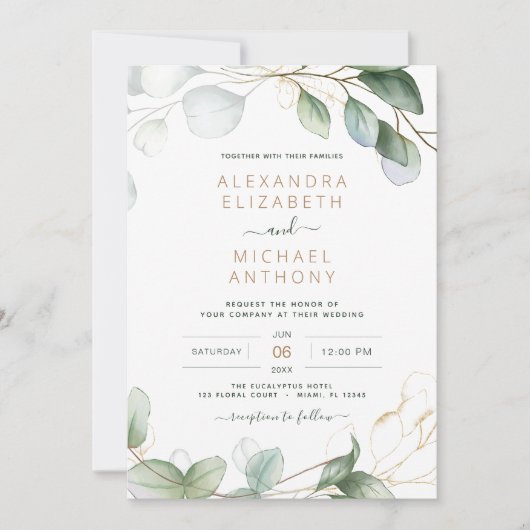 Invitation Tout en un Eucalyptus vert Mariage de code QR (Devant)