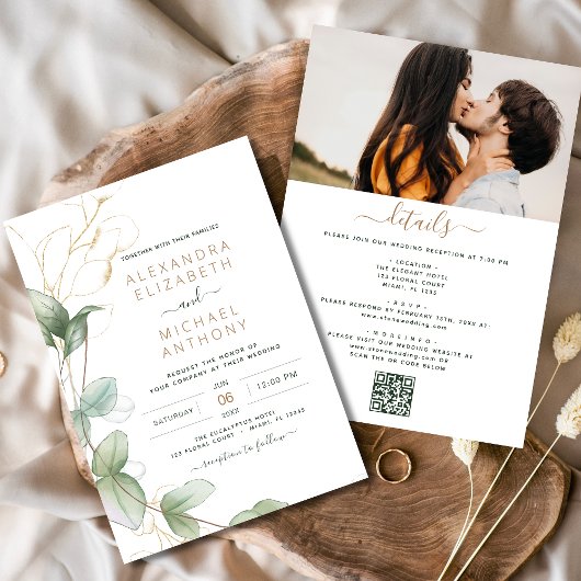 Invitation Tout en un Eucalyptus vert Mariage de code QR