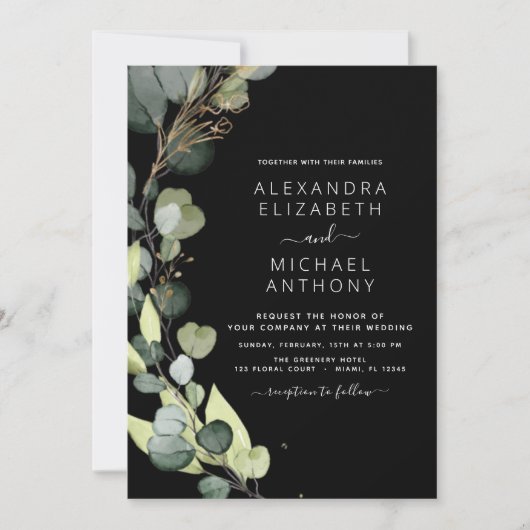 Invitation Tout en un Eucalyptus vert Mariage noir (Devant)