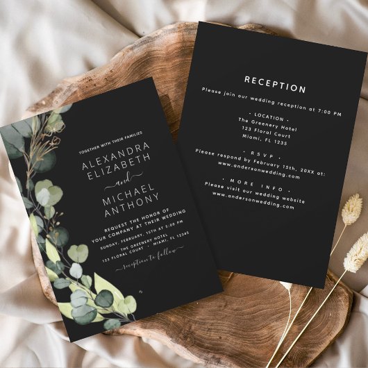 Invitation Tout en un Eucalyptus vert Mariage noir