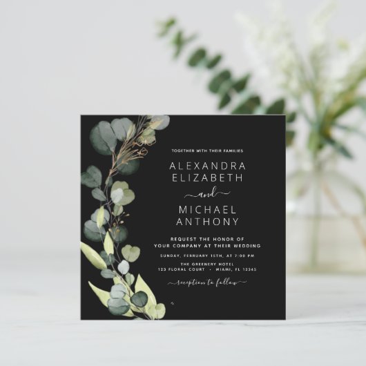 Invitation Tout en un Eucalyptus vert Mariage noir (Debout devant)