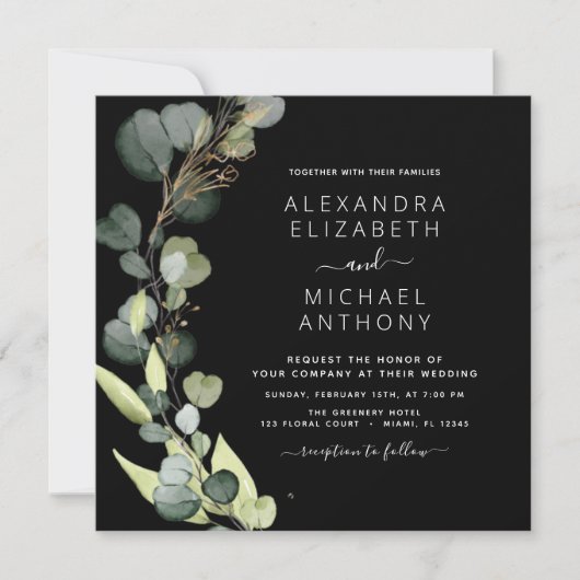 Invitation Tout en un Eucalyptus vert Mariage noir (Devant)