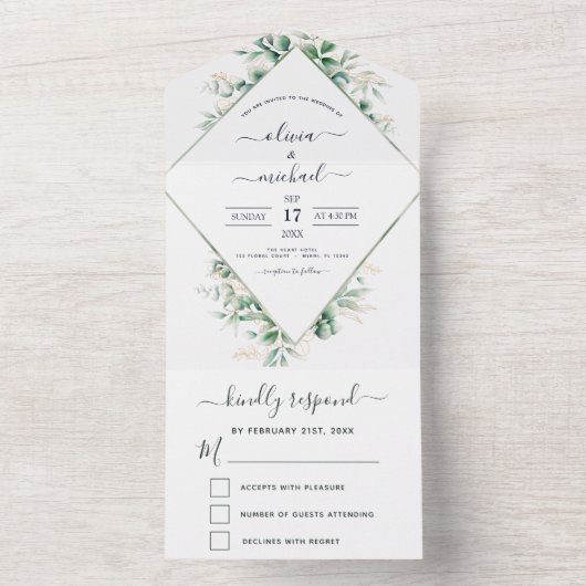 Invitation Tout En Un Eucalyptus Vert Mariage Sage Vert (À l'intérieur)
