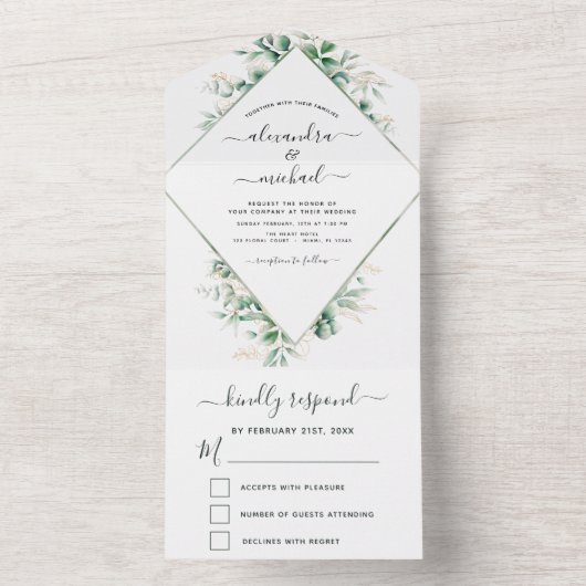 Invitation Tout En Un Eucalyptus Vert Mariage Sage Vert (À l'intérieur)