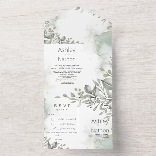 Invitation Tout En Un Eucalyptus vert & or aquarelle Mariage (À l'intérieur)