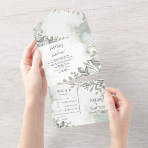 Invitation Tout En Un Eucalyptus vert & or aquarelle Mariage