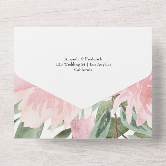Invitation Tout En Un Exotic Tropical Flamant rose rose Mariage Monogram (Verso)