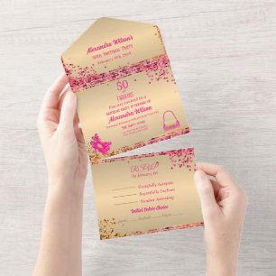 Invitation Tout En Un Fabuleux 50e anniversaire talons hauts or rose fil
