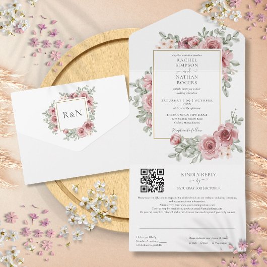 Invitation Tout En Un Faire poussiéreux de rose d'or géométrique code QR