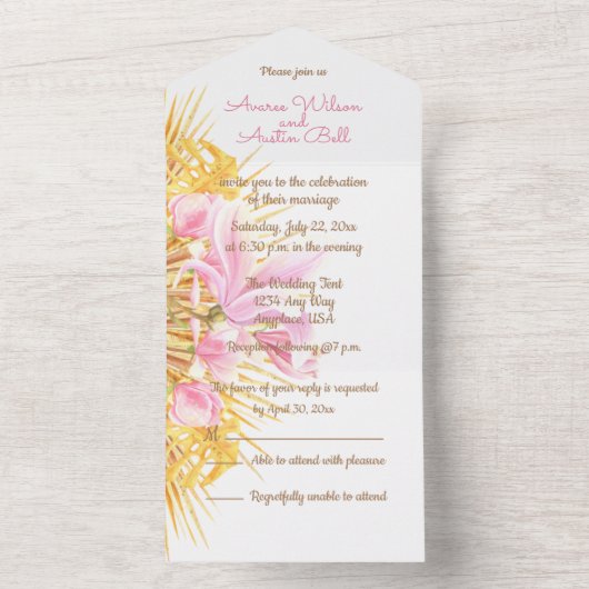 Invitation Tout En Un Fairepart Tout Compris Aquarelle Rose Magnolia (À l'intérieur)