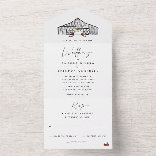 Invitation Tout En Un Fall Barn Mariage Citrouille (À l'intérieur)