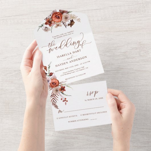 Invitation Tout En Un Fall Terracotta Fleur sauvage Détails du Mariage R (Déchirure)