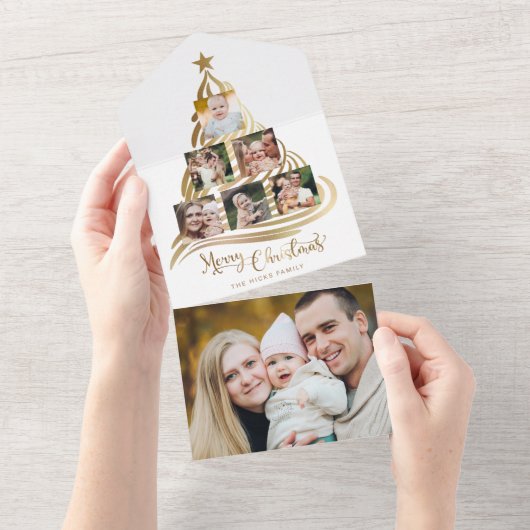 Invitation Tout En Un Faux Gold Christmas Tree Famille Multiphoto (Déchirure)