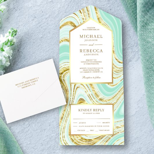 Invitation Tout En Un Faux Gold Foil Pastel Mint Green Marble Mariage