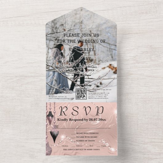 Invitation Tout En Un Faux Sparkle Shimmer rose argent QR Code Noël (À l'intérieur)
