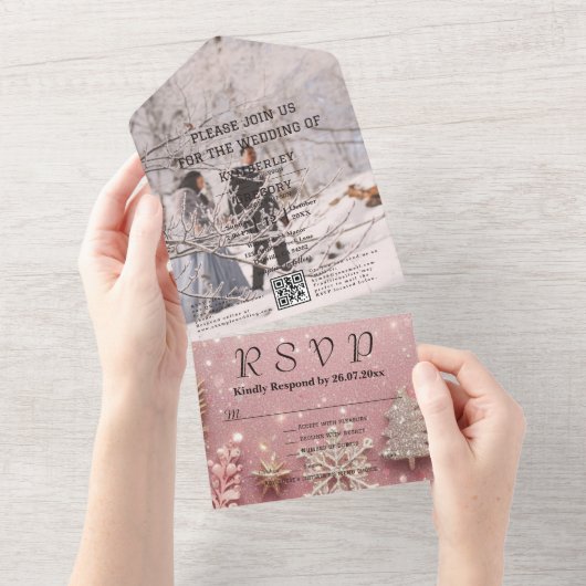 Invitation Tout En Un Faux Sparkle Shimmer rose Silver Photo QR Code (Déchirure)