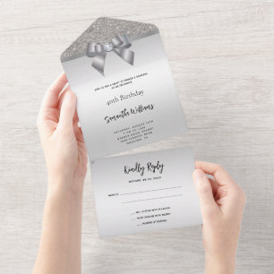 Invitation Tout En Un Féminin Ruban Gemme Argent & Anniversaire Paillett