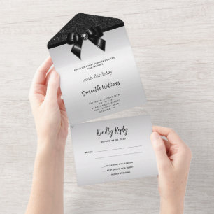 Invitation Tout En Un Feminine Black Gem Bow & Parties scintillant Anniv