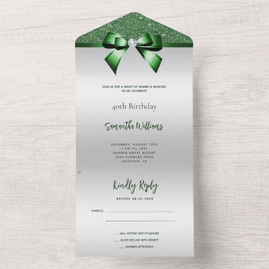 Invitation Tout En Un Feminine Emerald Gem Bow & Parties scintillant Ann (À l'intérieur)