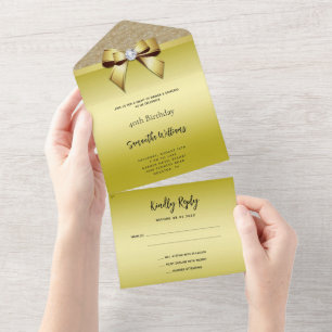Invitation Tout En Un Feminine Gold Gem Bow & Parties scintillant Annive