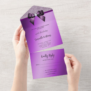 Invitation Tout En Un Feminine Purple Gem Bow & Parties scintillant Anni