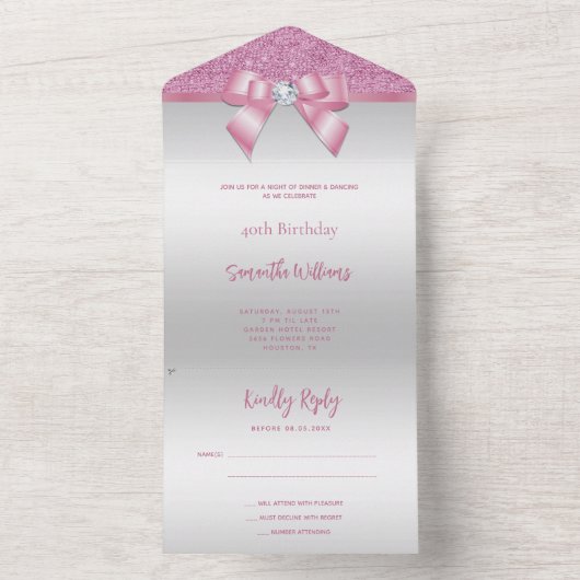 Invitation Tout En Un Feminine rose Gem Bow & Parties scintillant Annive (À l'intérieur)