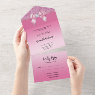 Invitation Tout En Un Feminine rose Gem Bow & Parties scintillant Annive