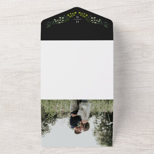 Invitation Tout En Un Fern Eucalyptus Mariage noir (Dehors)