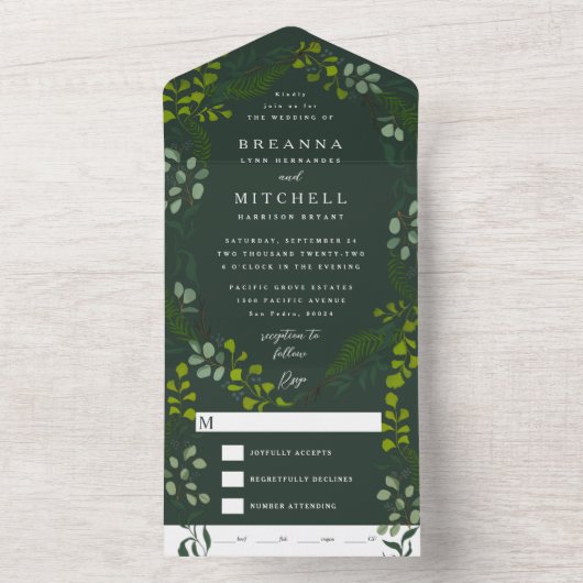 Invitation Tout En Un Ferne Eucalyptus vert foncé tirant à la main (À l'intérieur)