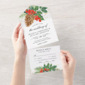Invitation Tout En Un Festive Holly Berries Pine Cone Mariage de Noël (Déchirure)